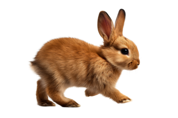 Brown rabbit hopping joyfully across a transparent background