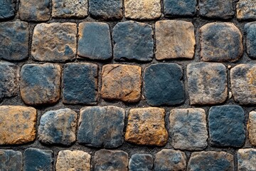 Obraz premium Close-up view of a cobblestone pavement, showing various shades of dark and light stones.