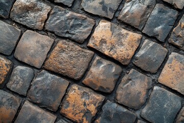 Fototapeta premium A high-angle close-up shot of wet, dark-brown and grey cobblestones arranged in a pavement pattern.