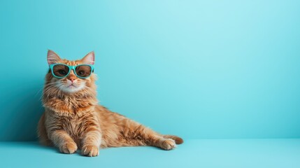 Cool ginger cat wearing turquoise sunglasses on bright blue background, perfect for pet ads, summer-themed content, humor designs, or animal lifestyle promotions