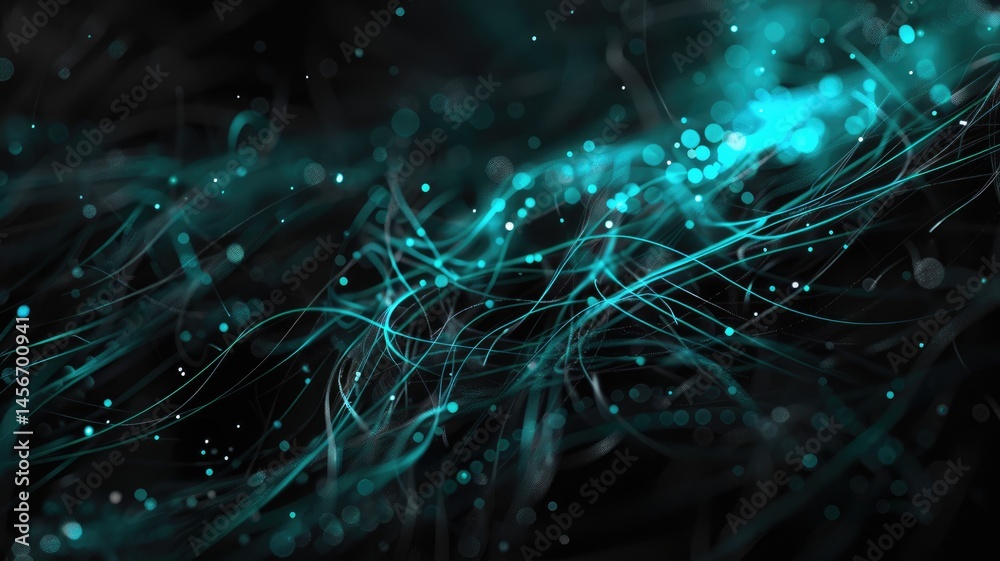 Poster abstract picture of turquoise particle with sparkle atom style design connect and flow show energy d