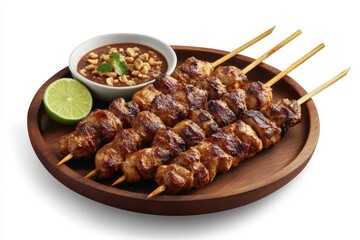 Grilled chicken skewers, served with peanut sauce and lime.  Grilled, flavorful, juicy chunks of chicken on wooden skewers.  A side of peanut sauce, and a lime wedge