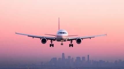 Fototapeta premium A commercial airplane approaches a city airport at sunset, with a colorful sky and urban skyline in the background.