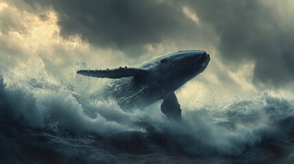 Fototapeta premium Whale breaching stormy ocean