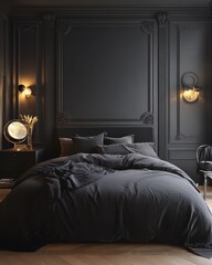 Moody dark bedroom interior with black walls and bedding low angle shot of luxury home decor and design