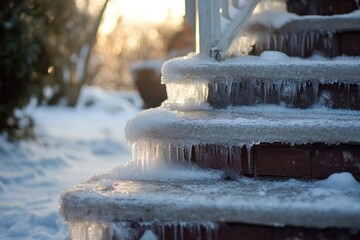 Person slipping on icy porch steps during winter