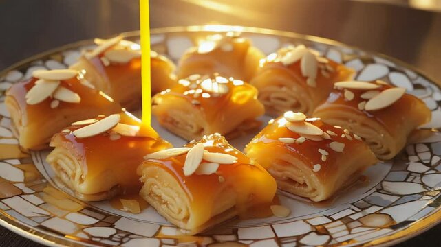 Elegant, Plate of Chebakia decorated with almonds and sesame seeds, Warm afternoon light, Sweet and indulgent atmosphere
