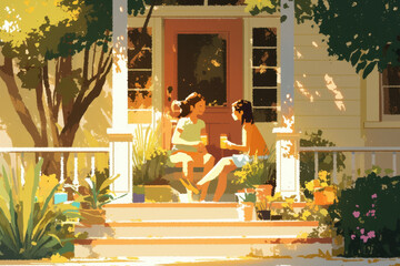 Couple sitting on porch swing, embracing. Warm sunlight filters through trees in background, casting long shadows on wooden floorboards.