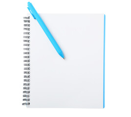 Pen and open notebook isolated on white, top view