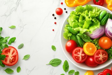 Naklejka premium Fresh Salad Ingredients on Marble Background Overhead Shot Healthy Eating Concept Food Photography