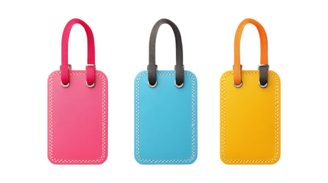 Set of Three Colorful Luggage Tags Against Transparent Background - Powered by Adobe
