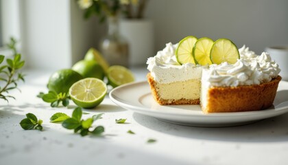 Delicious key lime pie kitchen counter food photography bright natural light close-up culinary delight