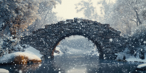 Snowy Winter Scene Stone Bridge in a SnowCovered Forest