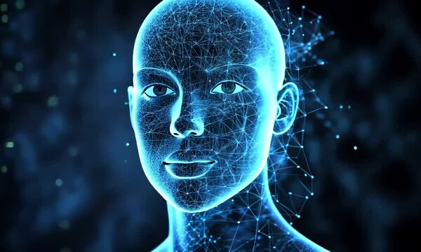 Glowing blue wireframe human head constructed from neural network animation video. Cognitive computing, connection nodes face animated footage clip HD motion graphics. Technology concept