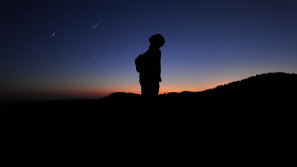 Silhouette of a man and countryside under the stars and Moonlight.