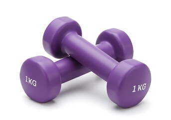 Two purple one kg dumbbells lying on top of each other on a white background in a studio shot