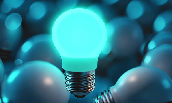 Cyan glowing lightbulb among dim bulbs animation video. New thinking animated footage clip seamless HD motion graphics. Competitive innovation, unique ideas, creativity concept
