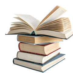 Stack of Books: Open Book on Top of a Pile of Books isolated on transparent background