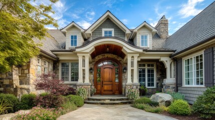 Obraz premium Elegant house facade with refined architectural details, embodying timeless sophistication and welcoming charm 