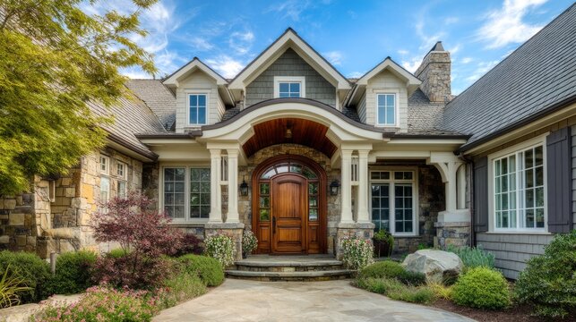 Elegant house facade with refined architectural details, embodying timeless sophistication and welcoming charm
