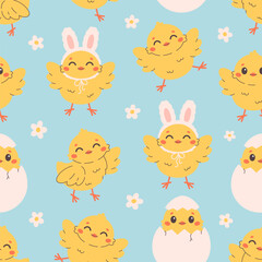 Obraz premium Seamless pattern with cute little chicks. Easter chicks. Design for banner, wallpaper, textile, wrapping paper, background, cards. Vector illustration in flat style