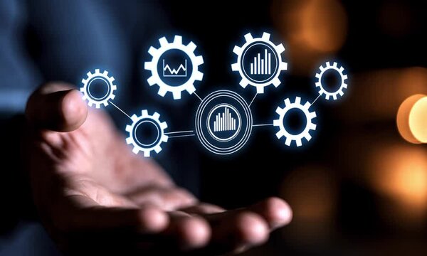 Business process automation gears animation video. Digital glowing interconnected cogs above male hand animated footage clip seamless HD motion graphics. Workflow optimization concept