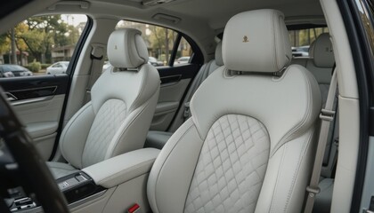 Exquisite luxury car interior with quilted leather seats in pristine condition
