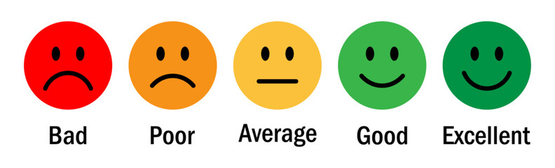 Fototapeta premium Feedback scale with five colorful emoticons representing ratings from Bad to Excellent on a white background, useful for surveys, reviews, and customer satisfaction forms. Feedback, emoji, icon.