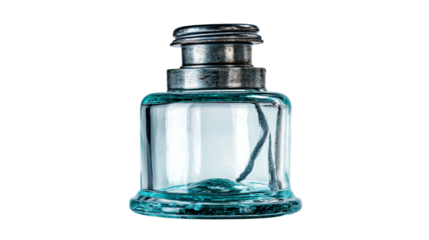 a glass bottle with a silver top and a silver cap