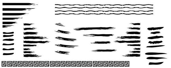A minimalist digital drawing of black brushstrokes: the top row with varied horizontal strokes, the middle with vertical strokes, and bottom with a repeating Greek key pattern, clean and symmetrical.