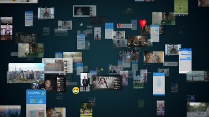 Black Digital Background with Different Online Services. Visualization of Messenger Apps, Dating Profiles, Finance Wallet, Entertainment Viral Videos, Avatars, Emoji, Profiles. Metaverse.
 - Powered by Adobe