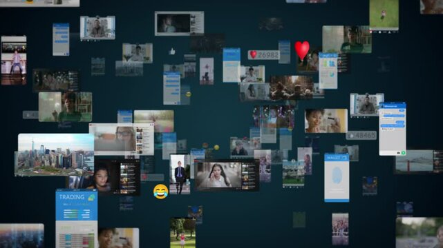 Black Digital Background with Different Online Services. Visualization of Messenger Apps, Dating Profiles, Finance Wallet, Entertainment Viral Videos, Avatars, Emoji, Profiles. Metaverse.
