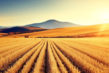 Golden Wheat Field at Sunset Rolling Hills Landscape Rural Scenery