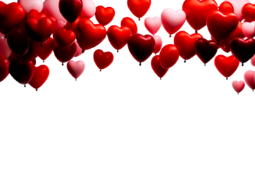 Colorful heart balloons floating on a transparent background