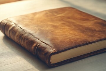 Obraz premium A thick, vintage leather-bound book rests on a light wooden surface, bathed in warm sunlight.