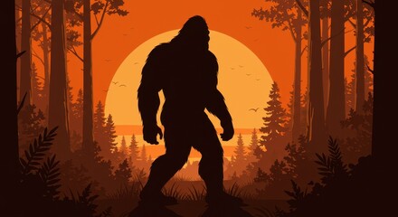 Naklejka premium Bigfoot Silhouette at Sunset in Forest