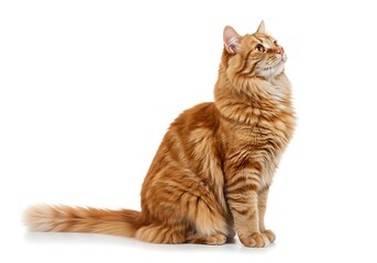 A ginger tabby cat sitting upright looking up with a fluffy tail on a plain white background studio shot
