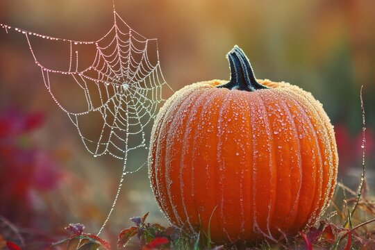 A frosted pumpkin sits in an autumn field, adorned with a dewy spiderweb.