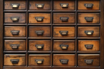 Antique Wooden Cabinet with Small Drawers and Metal Pulls for Storage and Organization in Home or Office