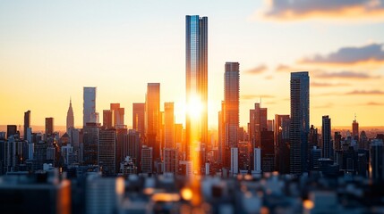 Fototapeta premium City skyline view with sun setting behind buildings, orange light filtering between skyscrapers, urban silhouettes in foreground, dramatic evening color tones, high clarity