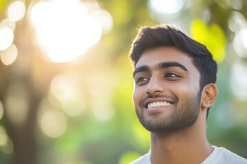 Fototapeta premium Smiling Indian Punjabi man in blooming spring park