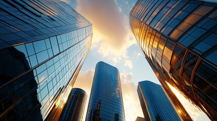 Modern urban skyline with towering buildings silhouetted against a rich orange sunset, wide-angle horizon glow, light flare from skyscraper glass, deep atmospheric warmth, tranquil and modern