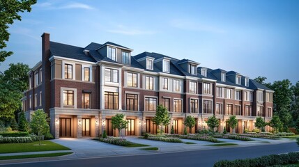 Obraz premium Row of townhouses with identical design and driveways under blue sky, perfect for real estate ad campaign