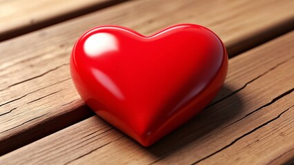 A red heart sitting on top of a wooden table.