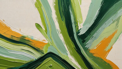 Abstract impressionist painting with bold brushstrokes and a vibrant palette of greens and yellows