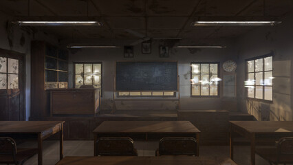 Abandoned classroom with a blackboard and a clock. The room is dark and empty. Premium photo 3d render