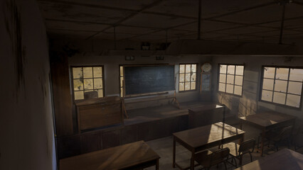 Abandoned classroom with a blackboard and a clock. The room is dark and empty. Premium photo 3d render
