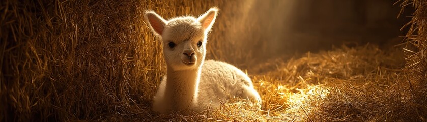 Obraz premium A baby alpaca rests on golden hay in gentle sunlight inside a cozy barn.