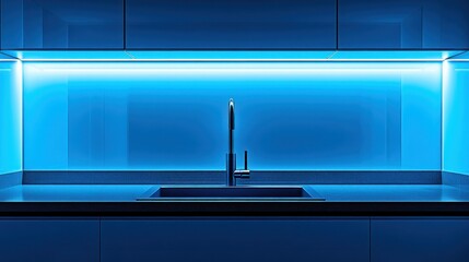 Modern kitchen interior with blue ambient lighting