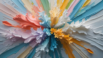 Abstract oil painting with vibrant pastel colors depicting explosive floral forms